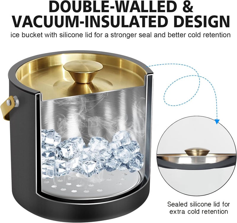 iHoo 3.2L/3.4QT Modern Insulated Ice Bucket with Silicone Lid, Scoop, Strainer, Double Wall Stainless Steel Ice Bucket for Parties & Cocktail Bar,Ideal for Gift(Black) - Image 4